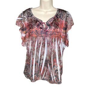 Womens  Top Embroidered Bib Lace Back Tie Die Blouse u Size XL Red Boho Elastic